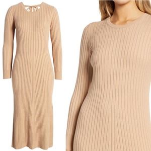 Wayf x BFF Collection Hollie Long Sleeve Ribbed Sweater Dress XXS Camel Tan